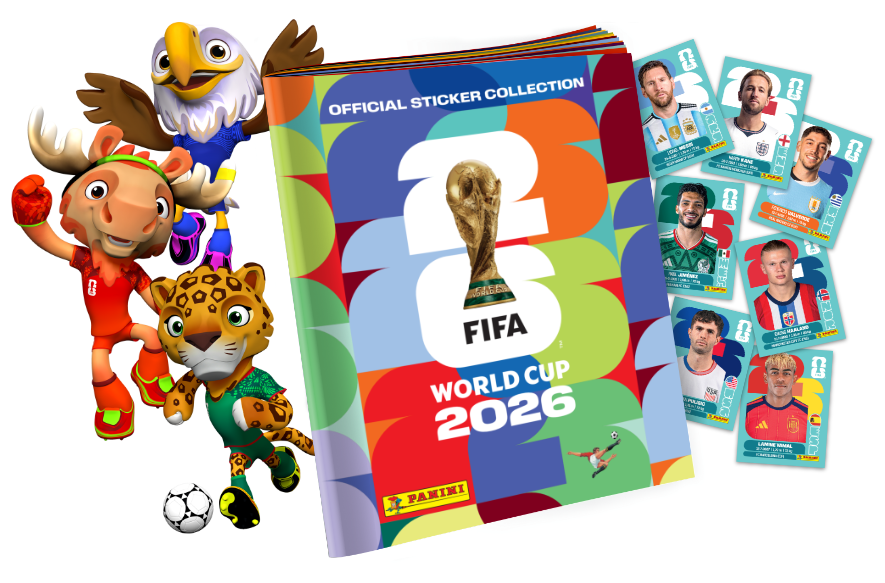 Mascotes Maple, Zayu e Clutch ao lado do álbum oficial Panini FIFA World Cup 2026 e figurinhas de jogadores